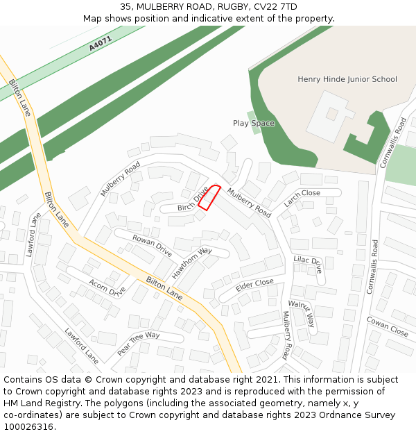 35, MULBERRY ROAD, RUGBY, CV22 7TD: Location map and indicative extent of plot