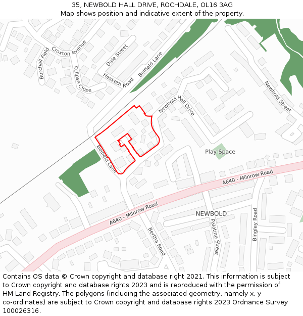 35, NEWBOLD HALL DRIVE, ROCHDALE, OL16 3AG: Location map and indicative extent of plot