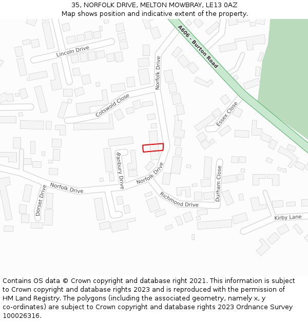 35, NORFOLK DRIVE, MELTON MOWBRAY, LE13 0AZ: Location map and indicative extent of plot