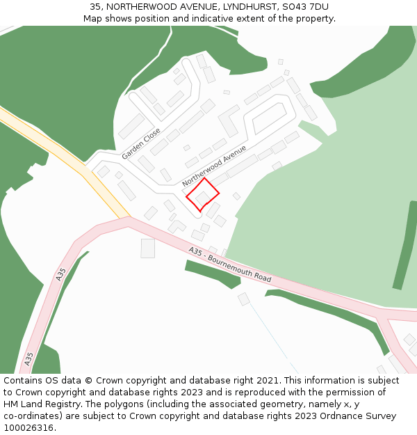 35, NORTHERWOOD AVENUE, LYNDHURST, SO43 7DU: Location map and indicative extent of plot