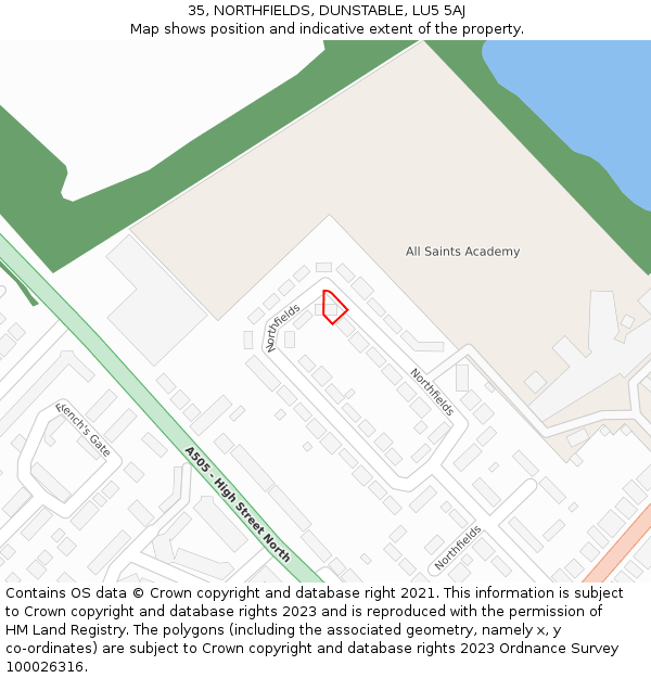 35, NORTHFIELDS, DUNSTABLE, LU5 5AJ: Location map and indicative extent of plot