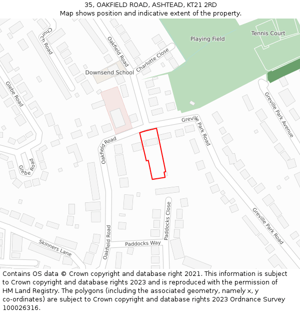 35, OAKFIELD ROAD, ASHTEAD, KT21 2RD: Location map and indicative extent of plot