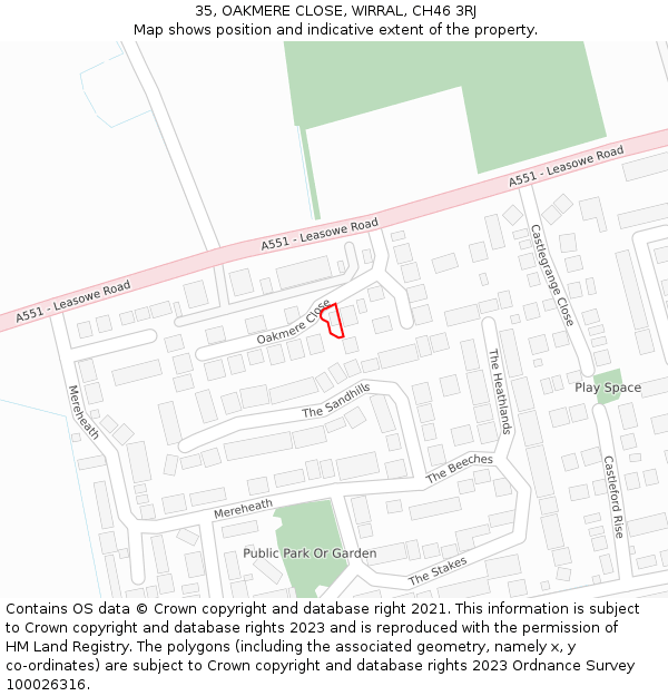 35, OAKMERE CLOSE, WIRRAL, CH46 3RJ: Location map and indicative extent of plot