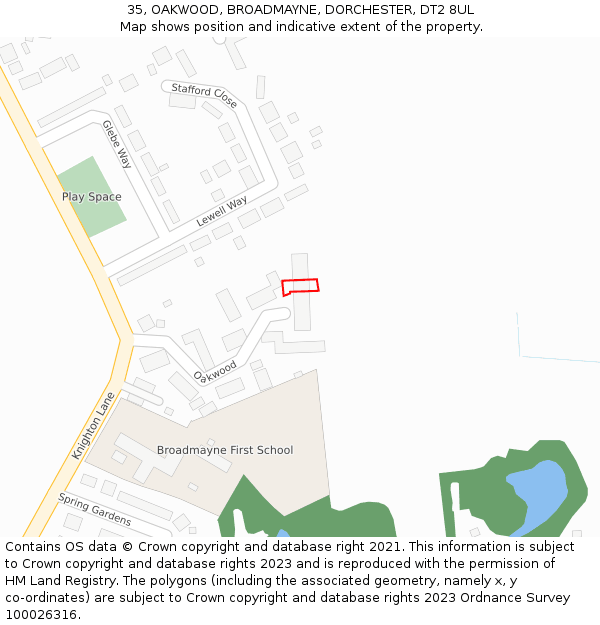 35, OAKWOOD, BROADMAYNE, DORCHESTER, DT2 8UL: Location map and indicative extent of plot