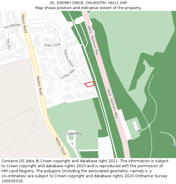 35, OSPREY DRIVE, DAVENTRY, NN11 0XP: Location map and indicative extent of plot