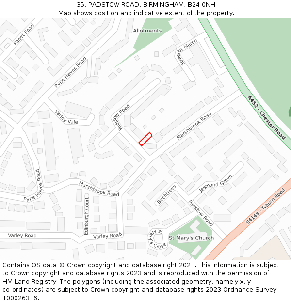 35, PADSTOW ROAD, BIRMINGHAM, B24 0NH: Location map and indicative extent of plot