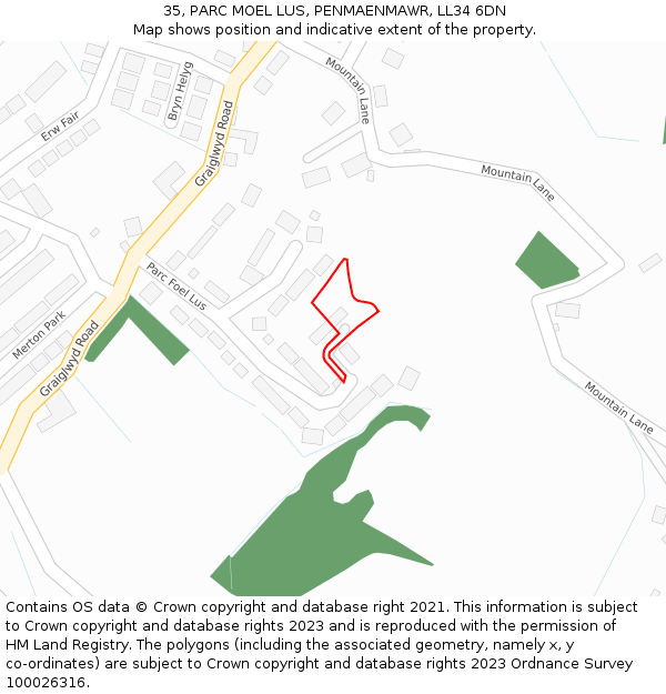 35, PARC MOEL LUS, PENMAENMAWR, LL34 6DN: Location map and indicative extent of plot