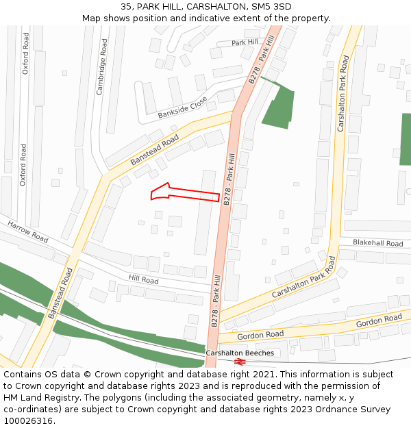 35, PARK HILL, CARSHALTON, SM5 3SD: Location map and indicative extent of plot