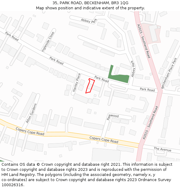 35, PARK ROAD, BECKENHAM, BR3 1QG: Location map and indicative extent of plot