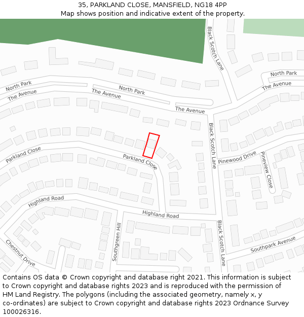 35, PARKLAND CLOSE, MANSFIELD, NG18 4PP: Location map and indicative extent of plot