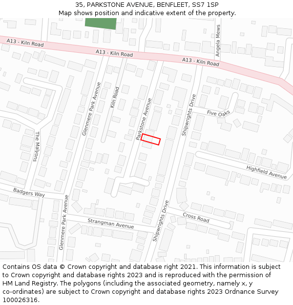 35, PARKSTONE AVENUE, BENFLEET, SS7 1SP: Location map and indicative extent of plot