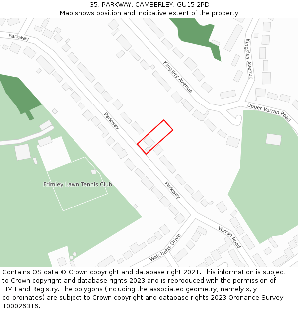 35, PARKWAY, CAMBERLEY, GU15 2PD: Location map and indicative extent of plot