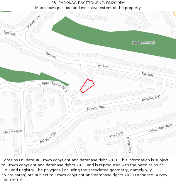 35, PARKWAY, EASTBOURNE, BN20 9DY: Location map and indicative extent of plot