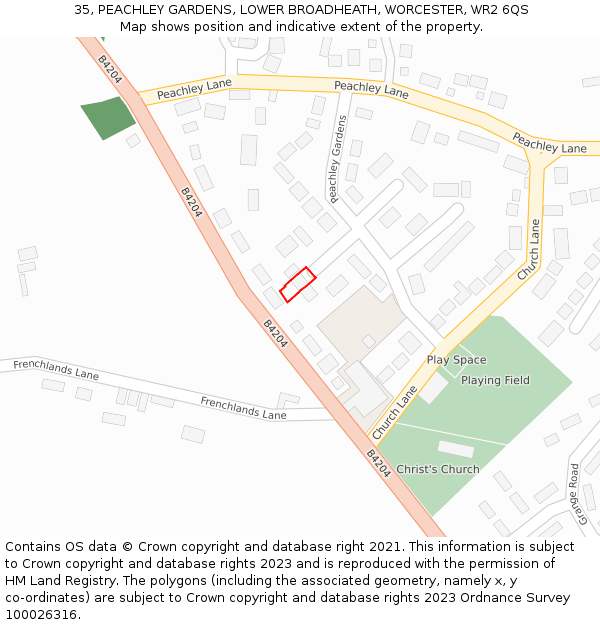 35, PEACHLEY GARDENS, LOWER BROADHEATH, WORCESTER, WR2 6QS: Location map and indicative extent of plot