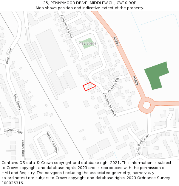 35, PENNYMOOR DRIVE, MIDDLEWICH, CW10 9QP: Location map and indicative extent of plot