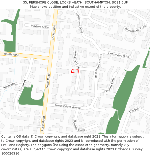 35, PERSHORE CLOSE, LOCKS HEATH, SOUTHAMPTON, SO31 6UF: Location map and indicative extent of plot