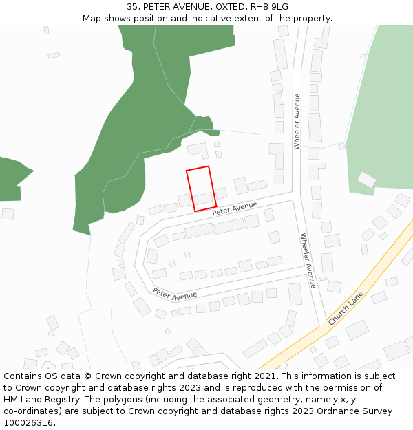 35, PETER AVENUE, OXTED, RH8 9LG: Location map and indicative extent of plot