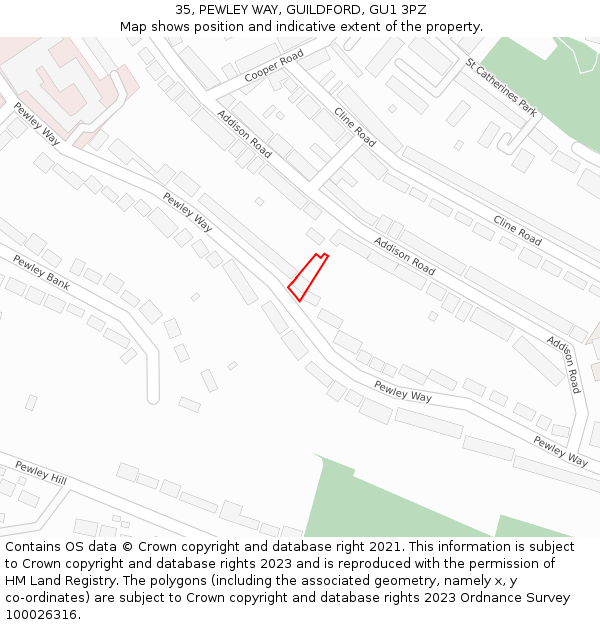 35, PEWLEY WAY, GUILDFORD, GU1 3PZ: Location map and indicative extent of plot