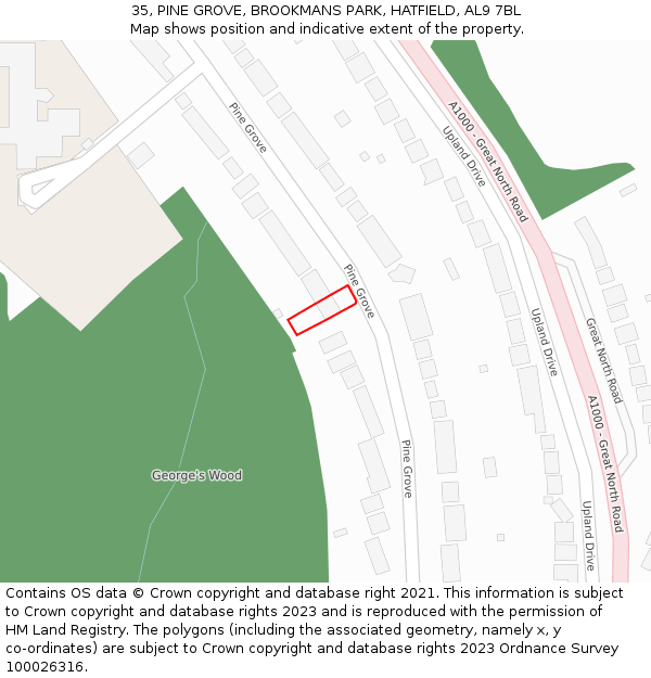 35, PINE GROVE, BROOKMANS PARK, HATFIELD, AL9 7BL: Location map and indicative extent of plot