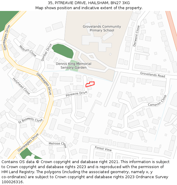 35, PITREAVIE DRIVE, HAILSHAM, BN27 3XG: Location map and indicative extent of plot