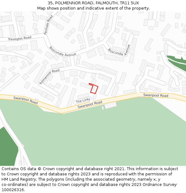 35, POLMENNOR ROAD, FALMOUTH, TR11 5UX: Location map and indicative extent of plot