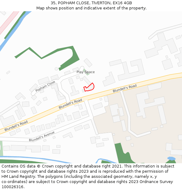 35, POPHAM CLOSE, TIVERTON, EX16 4GB: Location map and indicative extent of plot