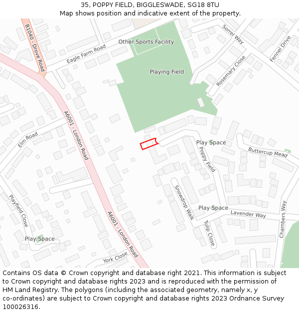 35, POPPY FIELD, BIGGLESWADE, SG18 8TU: Location map and indicative extent of plot