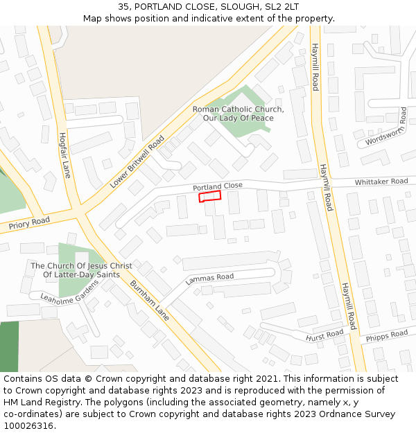 35, PORTLAND CLOSE, SLOUGH, SL2 2LT: Location map and indicative extent of plot