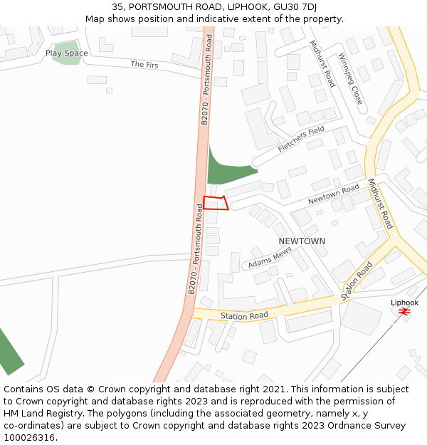 35, PORTSMOUTH ROAD, LIPHOOK, GU30 7DJ: Location map and indicative extent of plot