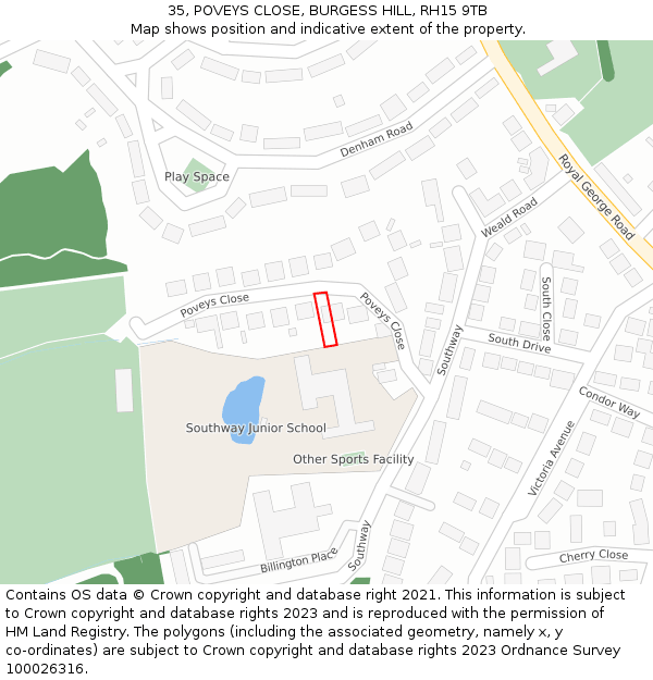 35, POVEYS CLOSE, BURGESS HILL, RH15 9TB: Location map and indicative extent of plot