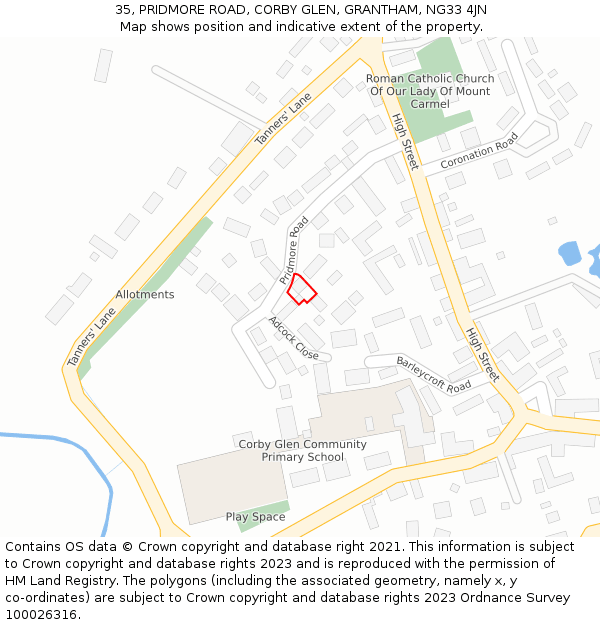 35, PRIDMORE ROAD, CORBY GLEN, GRANTHAM, NG33 4JN: Location map and indicative extent of plot