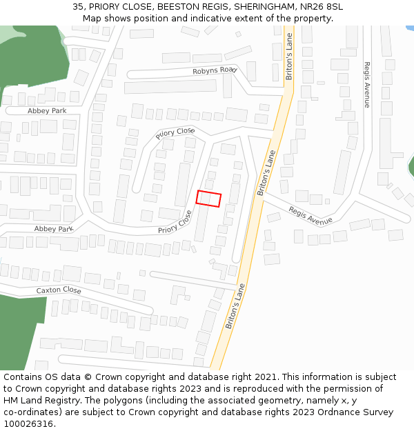 35, PRIORY CLOSE, BEESTON REGIS, SHERINGHAM, NR26 8SL: Location map and indicative extent of plot