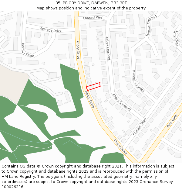 35, PRIORY DRIVE, DARWEN, BB3 3PT: Location map and indicative extent of plot