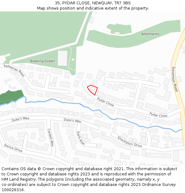 35, PYDAR CLOSE, NEWQUAY, TR7 3BS: Location map and indicative extent of plot