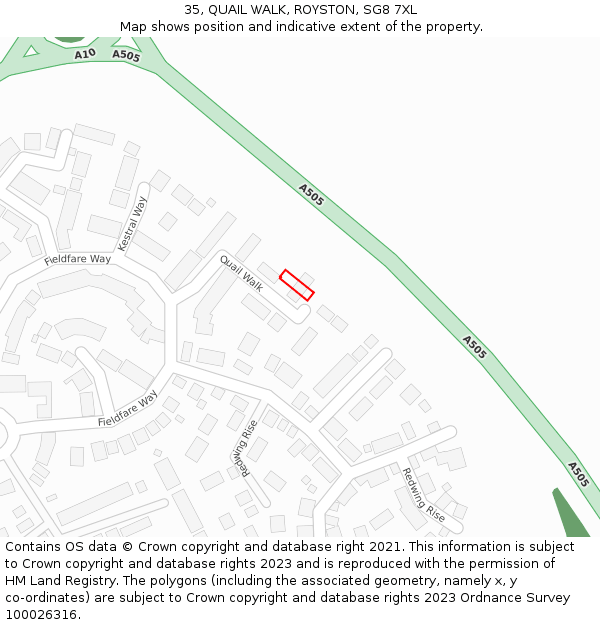 35, QUAIL WALK, ROYSTON, SG8 7XL: Location map and indicative extent of plot