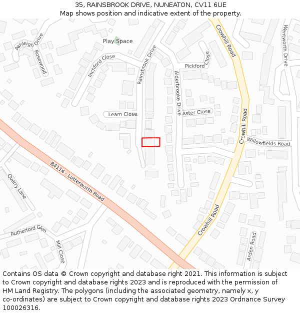 35, RAINSBROOK DRIVE, NUNEATON, CV11 6UE: Location map and indicative extent of plot