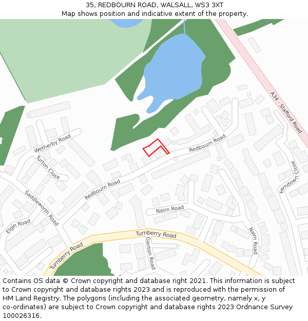 35, REDBOURN ROAD, WALSALL, WS3 3XT: Location map and indicative extent of plot