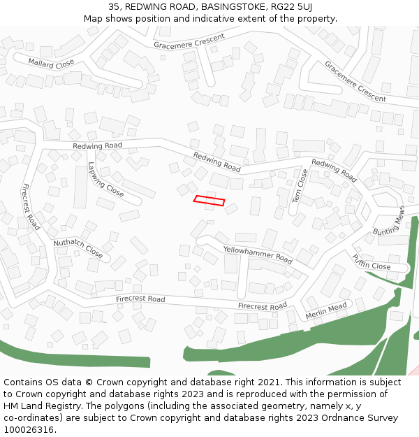 35, REDWING ROAD, BASINGSTOKE, RG22 5UJ: Location map and indicative extent of plot