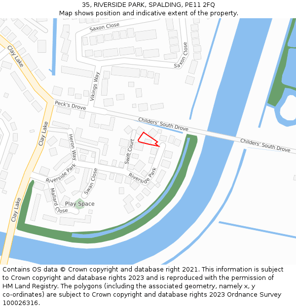 35, RIVERSIDE PARK, SPALDING, PE11 2FQ: Location map and indicative extent of plot