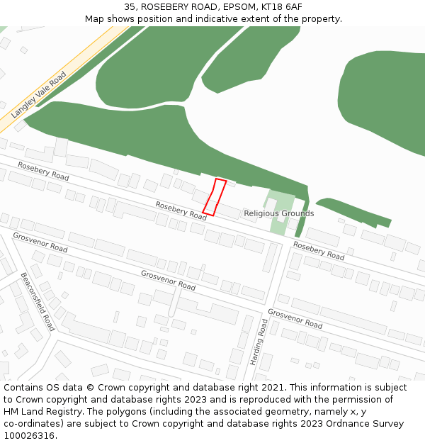 35, ROSEBERY ROAD, EPSOM, KT18 6AF: Location map and indicative extent of plot