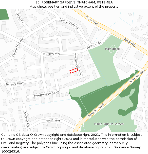 35, ROSEMARY GARDENS, THATCHAM, RG18 4BA: Location map and indicative extent of plot