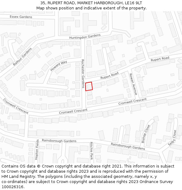 35, RUPERT ROAD, MARKET HARBOROUGH, LE16 9LT: Location map and indicative extent of plot