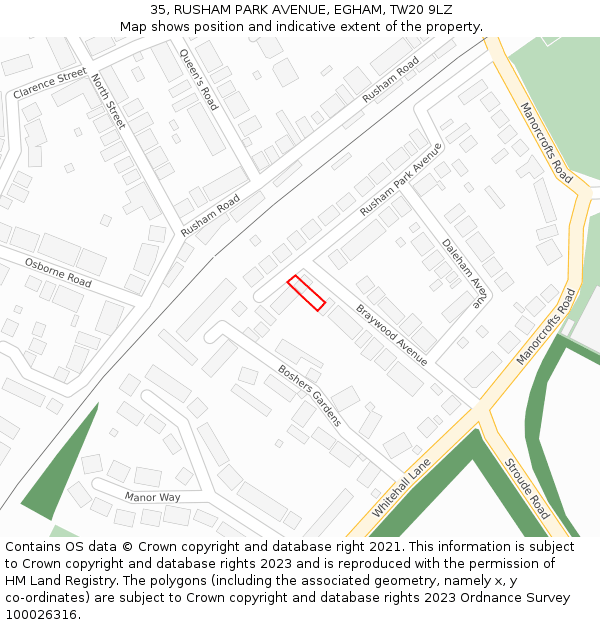 35, RUSHAM PARK AVENUE, EGHAM, TW20 9LZ: Location map and indicative extent of plot