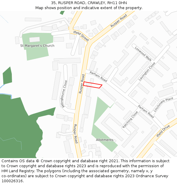 35, RUSPER ROAD, CRAWLEY, RH11 0HN: Location map and indicative extent of plot