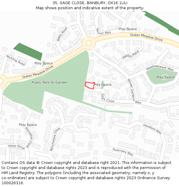 35, SAGE CLOSE, BANBURY, OX16 1UU: Location map and indicative extent of plot