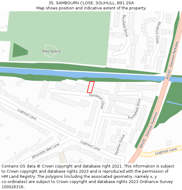 35, SAMBOURN CLOSE, SOLIHULL, B91 2SA: Location map and indicative extent of plot