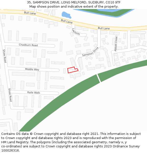 35, SAMPSON DRIVE, LONG MELFORD, SUDBURY, CO10 9TF: Location map and indicative extent of plot