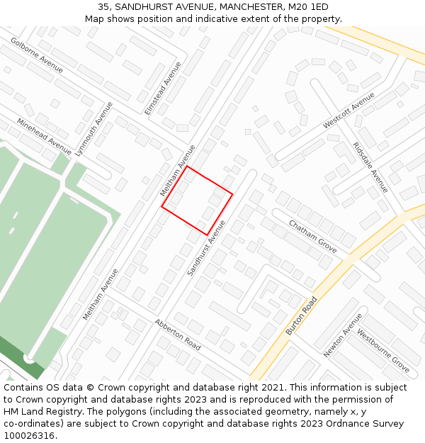 35, SANDHURST AVENUE, MANCHESTER, M20 1ED: Location map and indicative extent of plot