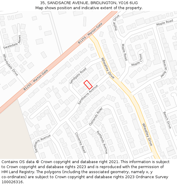 35, SANDSACRE AVENUE, BRIDLINGTON, YO16 6UG: Location map and indicative extent of plot