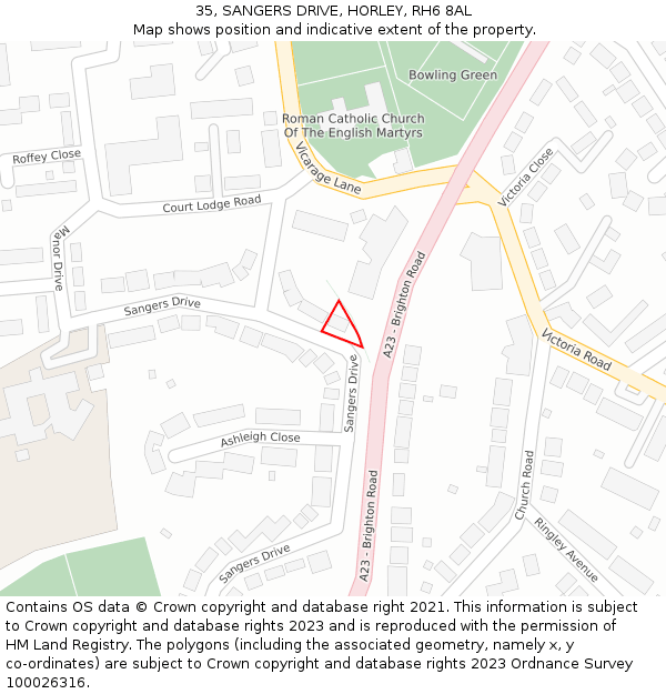 35, SANGERS DRIVE, HORLEY, RH6 8AL: Location map and indicative extent of plot